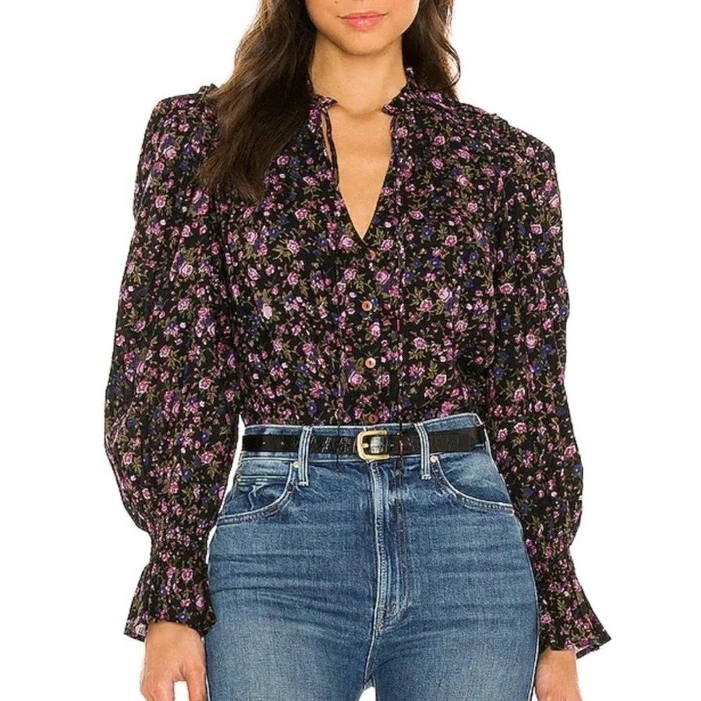 Free People Meant to be Poet Sleeve Black Ruffle Floral Top Blouse Size S NWOT